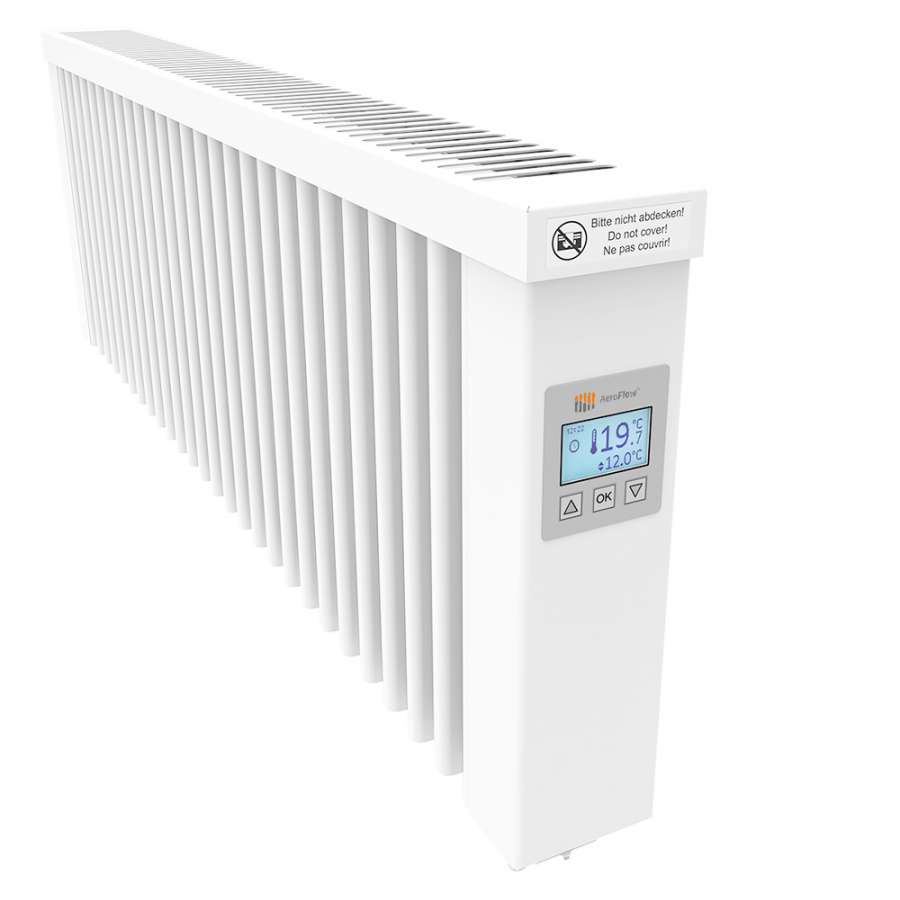 Radiateur électrique à inertie bas SLIM 1200W blanc pur RAL 9010 avec  thermostat FlexiSmart AeroFlow® Thermotec