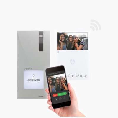 Kit vidéophone système ViP poste de rue en saillie à 1 bouton Quadra + 1 moniteur intérieur couleur 4.3" Mini mains-libres et Wi-Fi 8561V Comelit