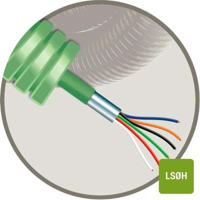 Tube précâblé (flex) avec câble souple blindé alarme 6x0.22mm² Cca vert LSOH sans halogène (rouleau 100 mètres)