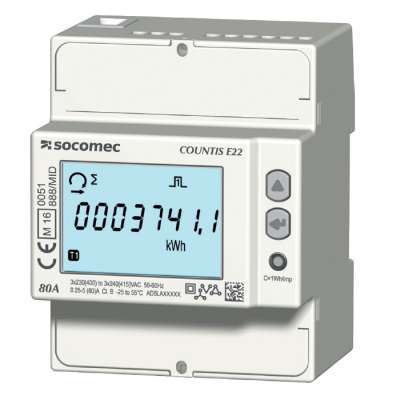 Compteur d'énergie digital DIN triphasé 80A MID (annexes A+B) double tarif Countis E22 Socomec
